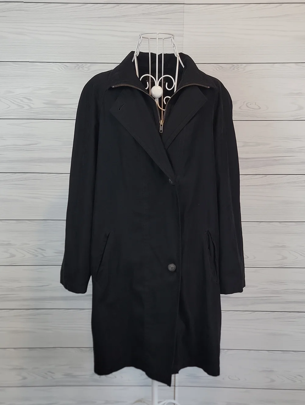 Gallery Vintage Black Long Trench Coat with Zip Collar Detail Womens Size S